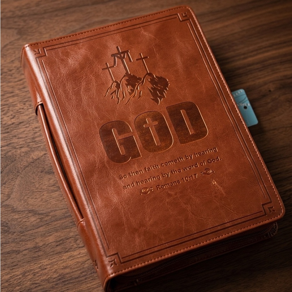 Egiant Bible Cover Case Brown Faux Leather with YKK Zipper Christian“GOD”